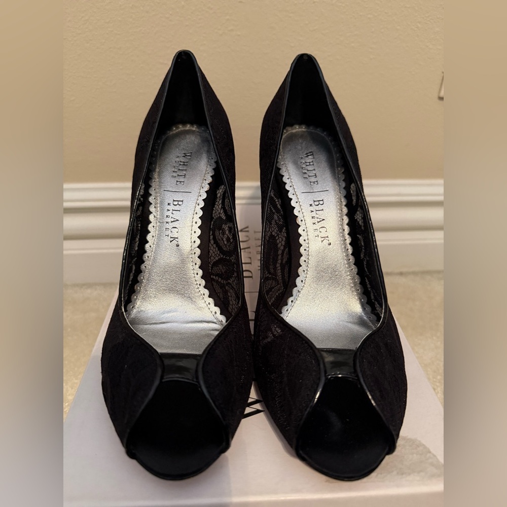 White House Black Market Black Lace Peep Toe Heels
